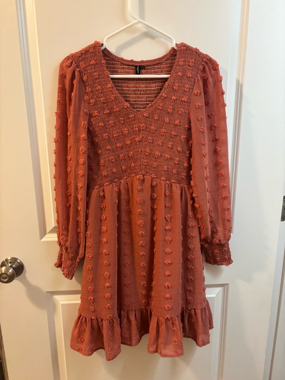 Textured V-Neck Pom Pom Smocked Dress - Rust